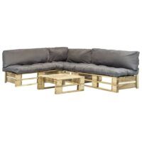 4-cz. zestaw ogrodowy, szare poduszki, palety z drewna