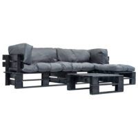 4-cz. zestaw ogrodowy, szare poduszki, palety z drewna