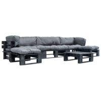 6-cz. zestaw ogrodowy, szare poduszki, palety z drewna