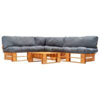 4-cz. zestaw ogrodowy, szare poduszki, palety z drewna