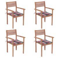 Krzesła ogrodowe, 4 szt., z poduszkami w czerwoną kratę, tekowe