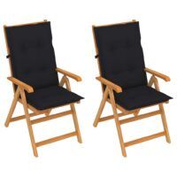 Krzesła ogrodowe z czarnymi poduszkami, 2 szt., drewno tekowe