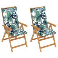 Krzesła ogrodowe, 2 szt., z poduszkami w liście, drewno tekowe