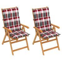 Krzesła ogrodowe, 2 szt., z poduszkami w czerwoną kratę, tekowe