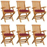 Krzesła ogrodowe, czerwone poduszki, 6 szt., drewno tekowe