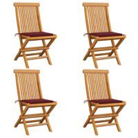 Krzesła ogrodowe, czerwone poduszki, 4 szt., drewno tekowe