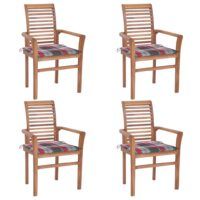 Krzesła stołowe, 4 szt., poduszki w czerwoną kratę, tekowe