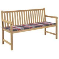 Ławka ogrodowa z poduszką w czerwoną kratę, 150 cm, tek