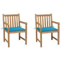 Krzesła ogrodowe, 2 szt., niebieskie poduszki, drewno tekowe