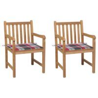 Krzesła ogrodowe z poduszkami w czerwoną kratę, 2 szt., tekowe