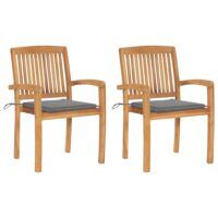 Krzesła ogrodowe, 2 szt., szare poduszki, lite drewno tekowe