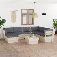 8-cz. ogrodowy zestaw wypoczynkowy z palet, poduszki, świerk