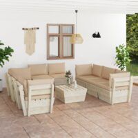 9-cz. ogrodowy zestaw wypoczynkowy z palet, poduszki, świerk