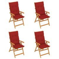 Krzesła ogrodowe z czerwonymi poduszkami, 4 szt., drewno tekowe