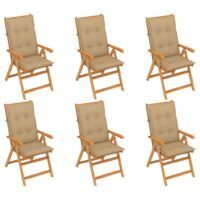 Krzesła ogrodowe, 6 szt., beżowe poduszki, drewno tekowe