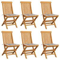 Krzesła ogrodowe z poduszkami w szarą kratę, 6 szt., tekowe