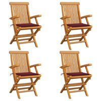 Krzesła ogrodowe, czerwone poduszki, 4 szt., drewno tekowe