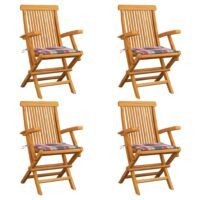 Krzesła ogrodowe z poduszkami w czerwoną kratę, 4 szt., tekowe