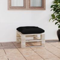 Ogrodowy stołek z palet z czarną poduszką, drewno sosnowe