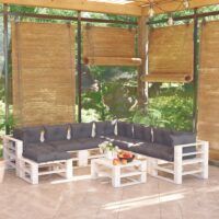 9-cz. zestaw mebli ogrodowych z palet, z poduszkami, sosna