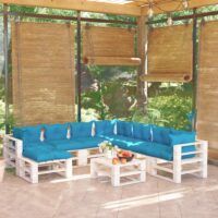 9-cz. zestaw mebli ogrodowych z palet, z poduszkami, sosna