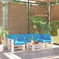 7-cz. zestaw mebli ogrodowych z palet, z poduszkami, sosna