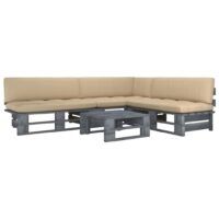 4-cz. zestaw wypoczynkowy z palet, z poduszkami, szary, sosna