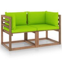Ogrodowa sofa 2-os. z palet, z jasnozielonymi poduszkami, sosna