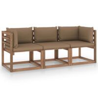 Ogrodowa sofa 3-os. z palet z poduszkami taupe, drewno sosnowe