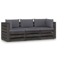 Ogrodowa sofa 3-os z poduszkami, impregnowane na szaro drewno