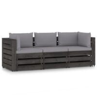 Ogrodowa sofa 3-os z poduszkami, impregnowane na szaro drewno