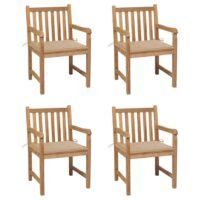 Krzesła ogrodowe, 4 szt., beżowe poduszki, drewno tekowe