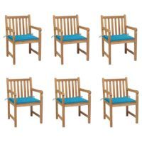 Krzesła ogrodowe, 6 szt., niebieskie poduszki, drewno tekowe