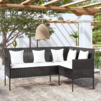 Sofa w kształcie litery L z poduszkami, rattan PE, czarna