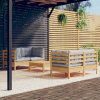 5-cz. zestaw wypoczynkowy do ogrodu, szare poduszki, sosnowy