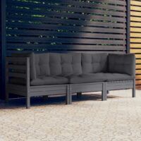 3-osobowa sofa ogrodowa z antracytowymi poduszkami, sosnowa