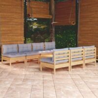 8-cz. zestaw wypoczynkowy do ogrodu, szare poduszki, sosnowy