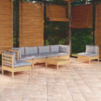 7-cz. zestaw wypoczynkowy do ogrodu, szare poduszki, sosnowy