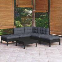 6-cz. zestaw wypoczynkowy do ogrodu, czarne poduszki, sosnowy