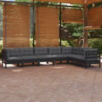 7-cz. zestaw wypoczynkowy do ogrodu, poduszki, czarny, sosna