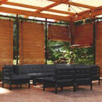 10-cz. zestaw wypoczynkowy do ogrodu, czarne poduszki, sosnowy