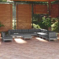 12-cz. zestaw wypoczynkowy do ogrodu, poduszki, szary, sosnowy