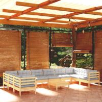 11-cz. zestaw wypoczynkowy do ogrodu, szare poduszki, sosnowy