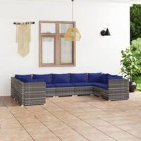 9-cz. zestaw wypoczynkowy do ogrodu, poduszki, szary rattan PE