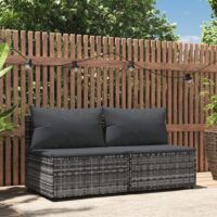 Środkowe moduły sofy z poduszkami, 2 szt., szare, polirattan