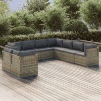 9-cz. zestaw wypoczynkowy do ogrodu, poduszki, rattan PE, szary