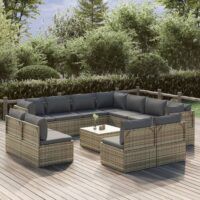 12-cz. zestaw wypoczynkowy do ogrodu, poduszki, szary rattan PE